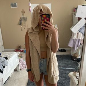 Cute fluffy/fuzzy tan vest with hood